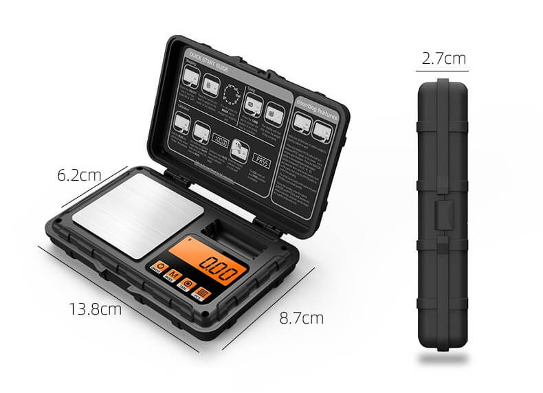 Digitale mini-weegschaal met afmetingen en specificaties, ideaal voor het wegen van kleine voorwerpen zoals sieraden en kruiden.