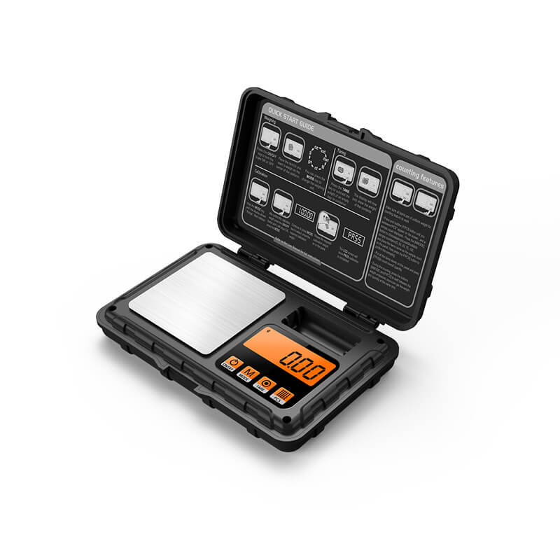 Opengeklapte digitale weegschaal met 20g kalibratiegewicht, gebruiksvriendelijke interface en helder LCD-scherm voor nauwkeurige metingen.
