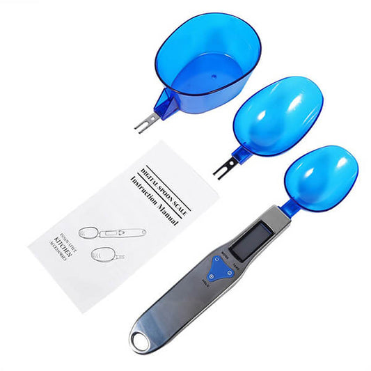 Weeglepel met verwisselbare lepels – Set met digitale weegschaal en drie verschillende lepels, geschikt voor diverse toepassingen.