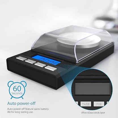 Digitale weegschaal schakelt automatisch uit na 60 seconden om batterij te besparen, aangeduid met illustratie.