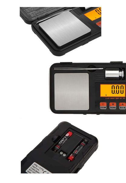 CX-Series Professional Digital Miniweegschaal met een capaciteit van 50g x 0.001g, inclusief accessoires zoals een mini pincet, kalibratiegewicht en doorzichtig plastic bakje, ideaal voor nauwkeurige metingen thuis of onderweg.