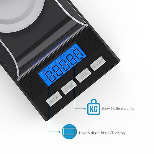 Close-up van het LCD-display van de precisieweegschaal met aanduiding van 6 verschillende meeteenheden en vijf cijfers.